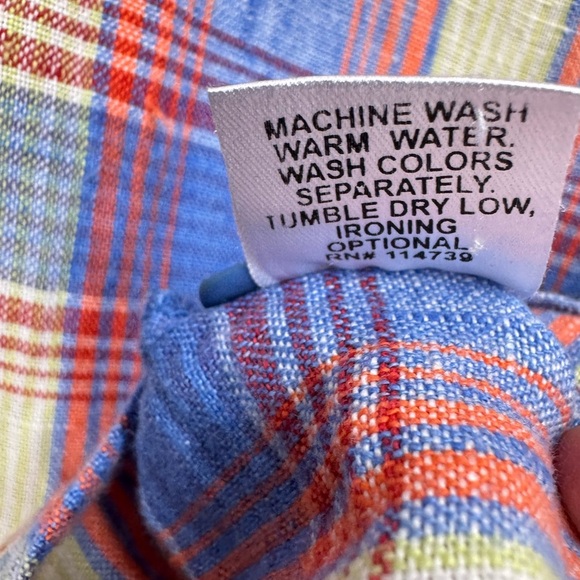 Flax Size Small Swing Tunic Top Blue Orange Plaid 100% Linen Back Button Design - Picture 8 of 8